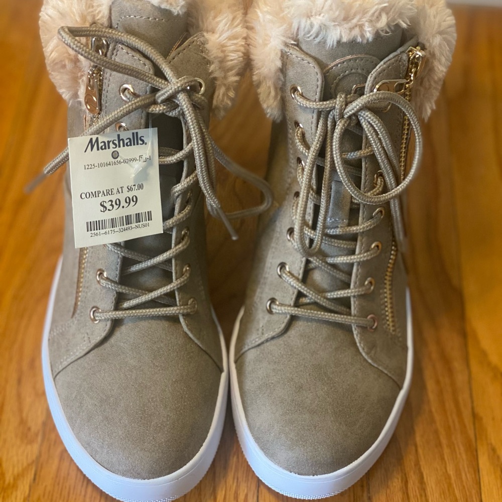 GUESS Tan Faux Fur Wedge high top sneaker